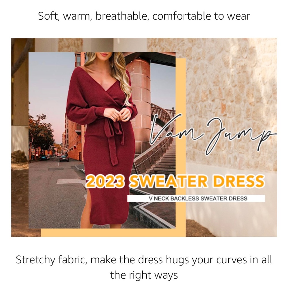 Deep Red V-Neck Sweater Dress - Backless Tie Waist Bodycon Dress